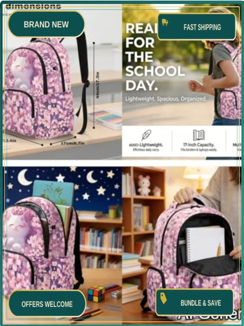 Kids 4-in-1 Backpack Lunch Bag Set Cute Cat Daypack for School Girls 17 inch